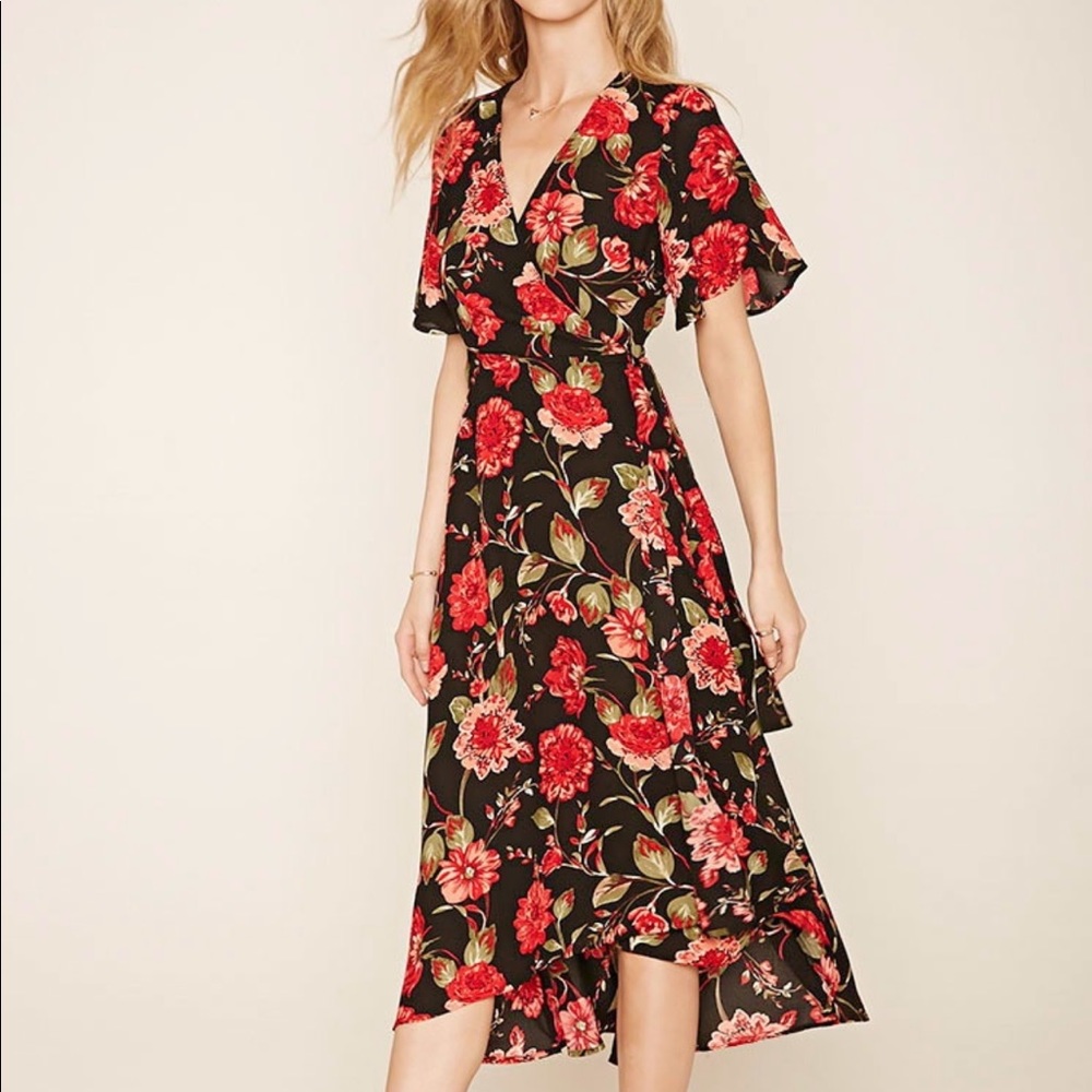 Free with purchase Red and black Floral wrap maxi dress